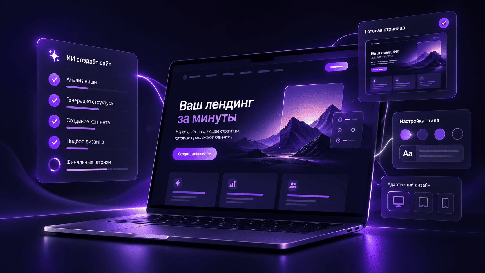 Промо-иллюстрация ИИ-сервиса для создания лендингов с демонстрацией интерфейса на экране ноутбука и всплывающими карточками процессов и настроек.