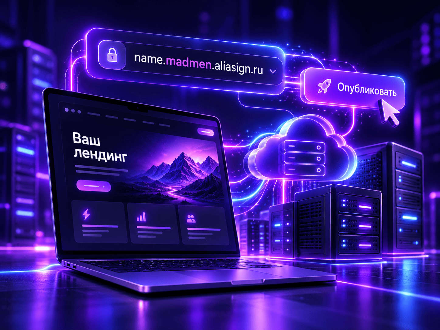 Иллюстрация процесса публикации лендинга в облачной инфраструктуре с визуализацией интерфейса на ноутбуке, адресной строки с доменом name.madmen.aliasign.ru и кнопки публикации.