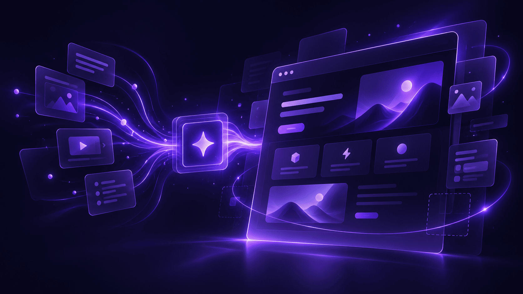Иллюстрация в неоновом киберпанк/футуристическом стиле, изображающая процесс генерации или трансформации контента в интерфейс веб-сайта/лендинга через центральный процессорный или ИИ-чип.