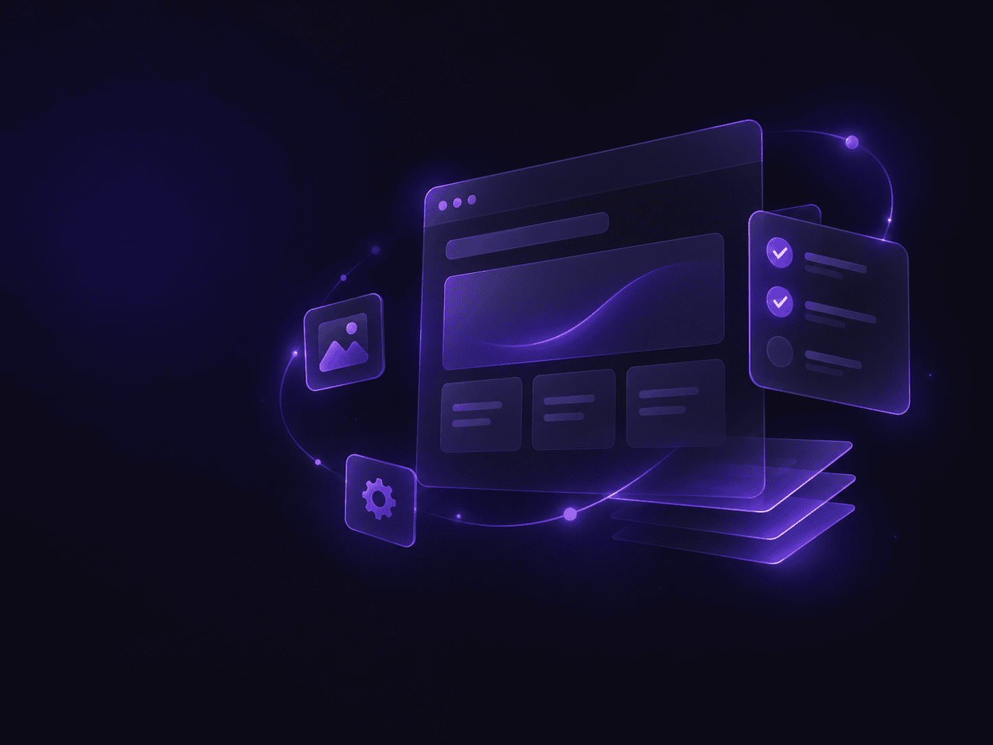 Цифровая 3D-иллюстрация в стиле глассморфизма и неонового свечения, изображающая интерфейс веб-приложения или дашборда с парящими полупрозрачными элементами, карточками, иконками настроек и медиа.
